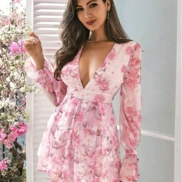 PINK BOHEMIAN FLORAL DOUBLE CRAZY PREMIUM DRESS - Picture 3 of 8